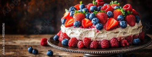 Freshly baked cake decorated with blueberries, strawberries, and raspberries on a silver platter.