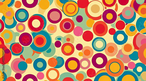 A fun, colorful pattern with circles and dots in a retro 1970s style. Perfect for kids' clothes or home decor.