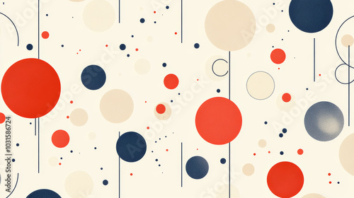 A repeating pattern with red geometric shapes, inspired by the 1970s. It features circles, dots, and simple lines in beige and blue, perfect for business presentations or printing.