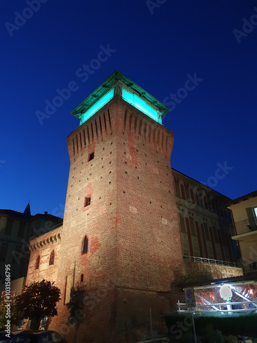 Tower of Settimo at night in Settimo Torinese