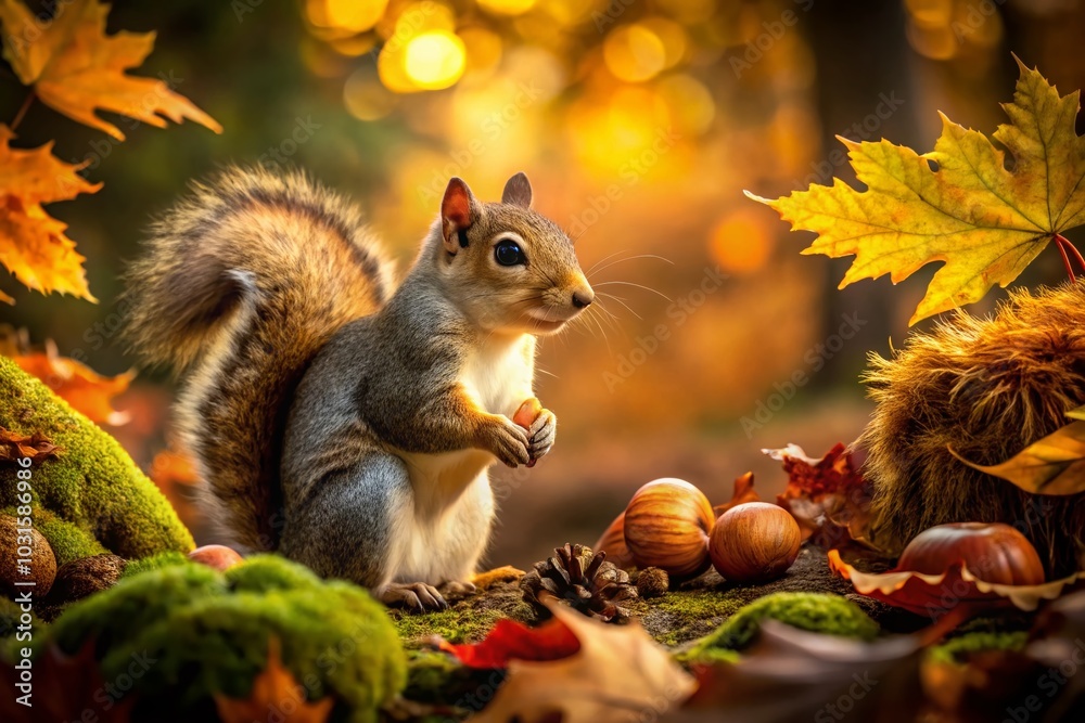 Seamless Autumn Pattern with Forest Squirrel, Mushrooms, Acorns, and Leaves for Seasonal Decor Seamless Autumn Pattern with Forest Squirrel, Mushrooms, Acorns, and Leaves for Seasonal Decor