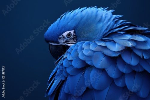 Elegant hyacinth macaw exhibiting intricate feather details against a deep blue backdrop in a serene setting