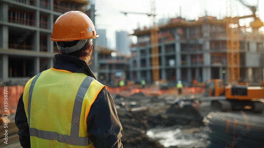 Construction Site with Worker Overseeing Project. Construction worker in a safety vest and helmet observes the ongoing building project, showcasing the importance of supervision in urban development. Construction Site with Worker Overseeing Project. Construction worker in a safety vest and helmet observes the ongoing building project, showcasing the importance of supervision in urban development.