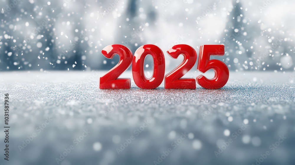 Red 3d numbers 2025 on a white snowy background, symbolizing the new year and looking forward to the future. Red 3d numbers 2025 on a white snowy background, symbolizing the new year and looking forward to the future.