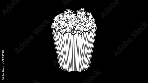 A simple, continuous line drawing of a popcorn bucket,perfect for movie night.The design is clean and modern,with a single white line against a black background.continuous single one line art concept.