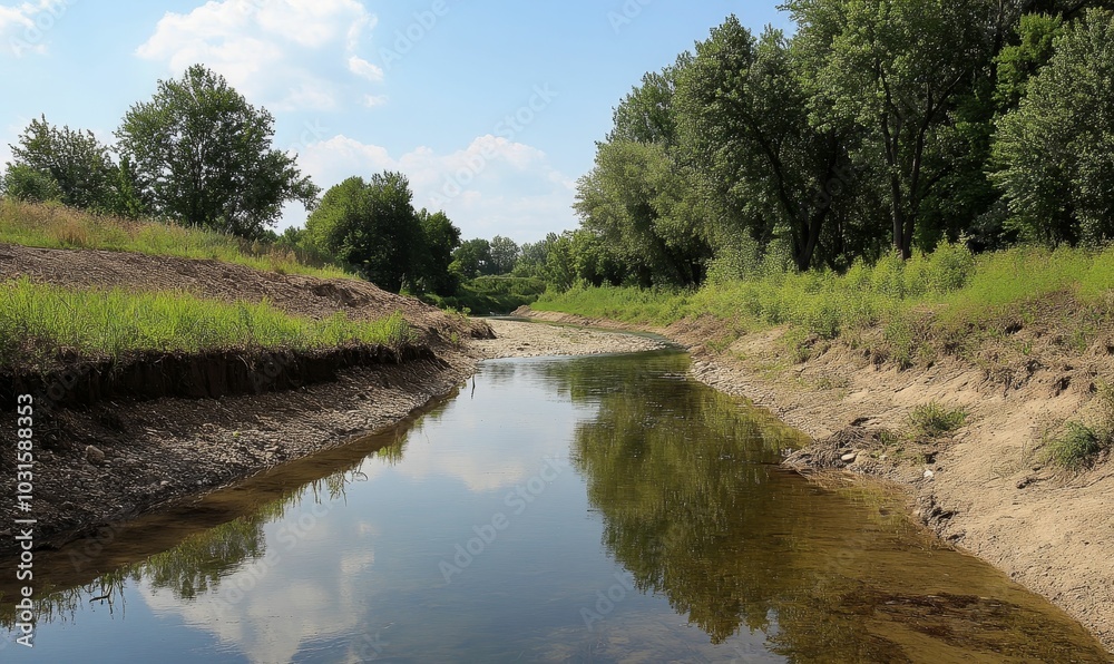 Fototapeta premium River flowing through lush green trees.