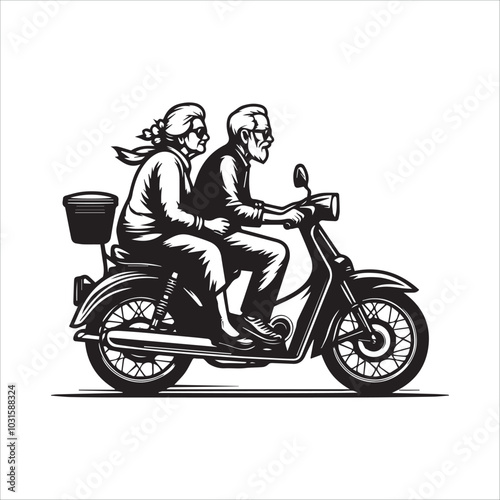 Elderly couple riding a motorbike vector illustration silhouette