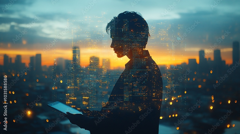 Silhouette of a person with a tablet against a city skyline at sunset. Silhouette of a person with a tablet against a city skyline at sunset.