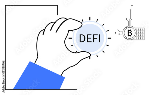 A hand is holding a DeFi coin with a Bitcoin symbol nearby. Ideal for finance, cryptocurrency, blockchain, fintech, and digital economy. Simple modern style