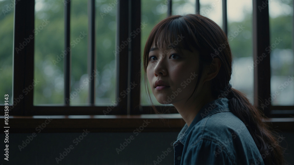 窓際で考え事をしている若いアジア人女性 窓際で考え事をしている若いアジア人女性