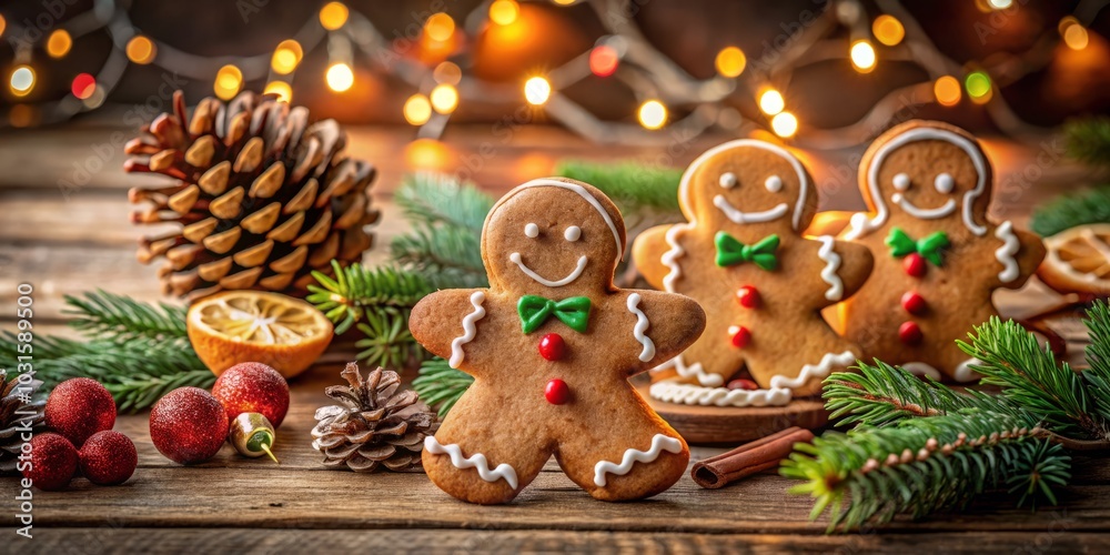 Naklejka premium Festive Christmas Gingerbread Man Cookies Decorated with Icing and Colorful Sprinkles in a Cozy Holiday Setting with Warm Lights and Pine Cones