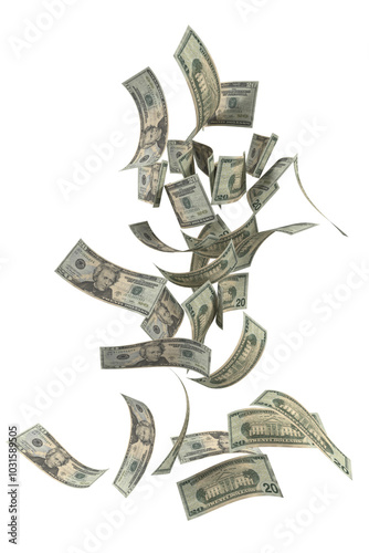 twenty US dollar bill falling transparent image 3d rendering