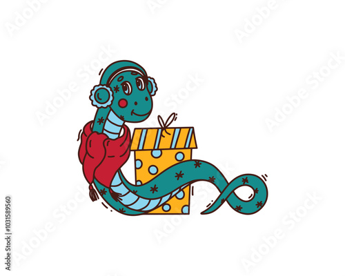 Cute snake with a gift.  New Year symbol. Snake character. Vector illustration