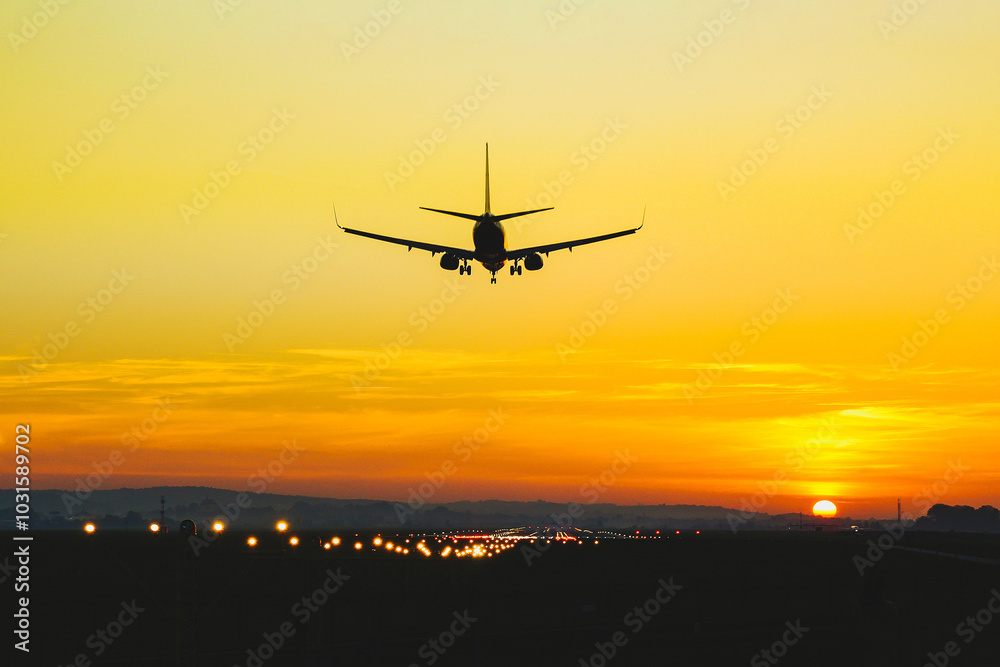 Airplane landing on the runway during sunset and dusk Airplane landing on the runway during sunset and dusk