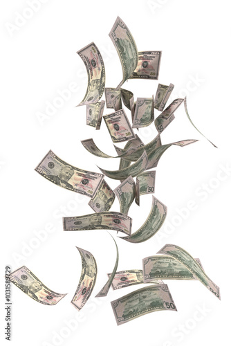 fifty US dollar bill falling transparent image 3d rendering