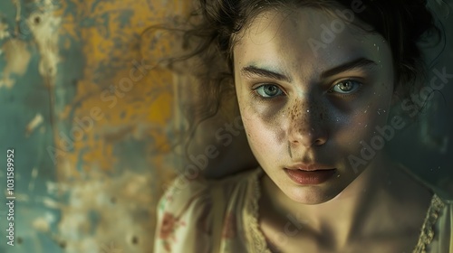 Close Up Portrait of a Young Woman with Freckles and Green Eyes