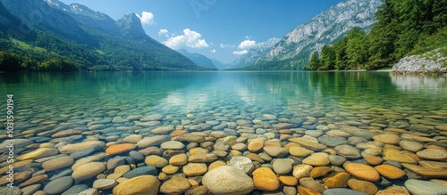 Clear blue lake water with smooth, colorful stones on the bottom and mountains in the distance. photo