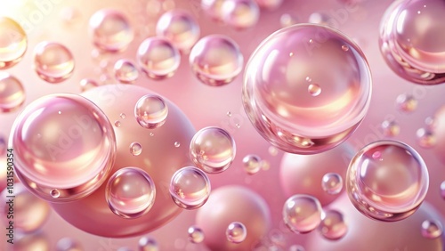 Fresh and Glossy Collagen Water Drops on Pink Background for Skincare and Beauty Themes, Highlighting Hydration and Cleanliness, Ideal for Wellness and Cosmetic Products