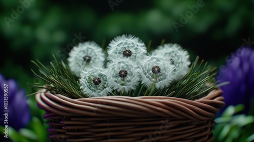 Dandelion Wishes in a Wicker Basket with Pine Needles