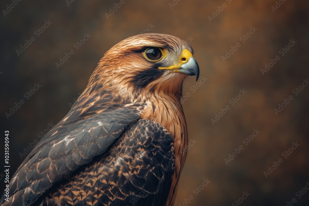 A striking portrait of a falcon showcasing intricate feather details against a softly blurred background A striking portrait of a falcon showcasing intricate feather details against a softly blurred background