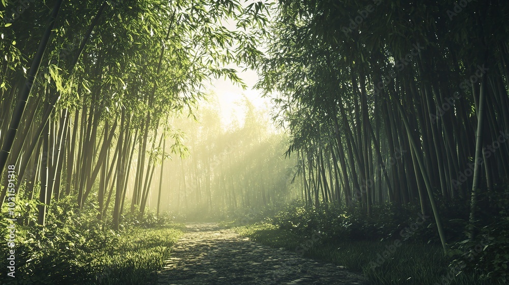 Obraz premium Serene Bamboo Forest Path with Soft Light