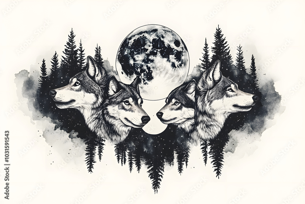 Fototapeta premium Artistic wolf illustration with full moon, mystical forest design, hand-drawn black and white artwork representing strength, wilderness, unity, and nature's raw beauty in night scenery