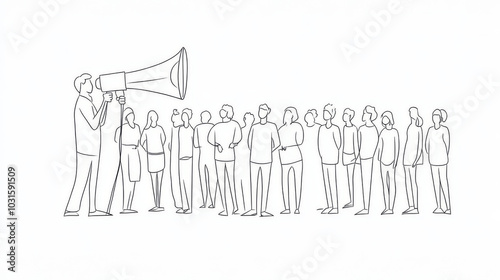 A person uses a megaphone to rally a crowd.  The illustration shows a line drawing of people working together.continuous single one line art concept. photo