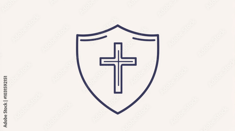 A simple, continuous line drawing of a cross on a shield represents healthcare. This design symbolizes safety, medicine, and research in the medical field. continuous single one line art concept. A simple, continuous line drawing of a cross on a shield represents healthcare. This design symbolizes safety, medicine, and research in the medical field. continuous single one line art concept.