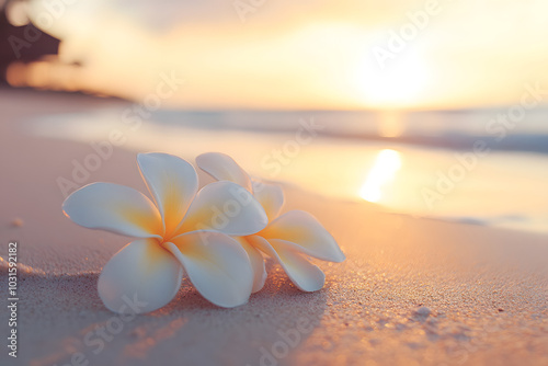 Frangipani flower resting on sandy beach at sunset, a serene and tranquil image capturing tropical vibes, relaxation, and peacefulness by the ocean

 photo