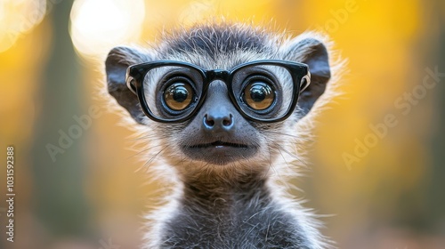 A curious lemur wearing glasses gazes thoughtfully at the camera in a vibrant autumn forest during the golden hour