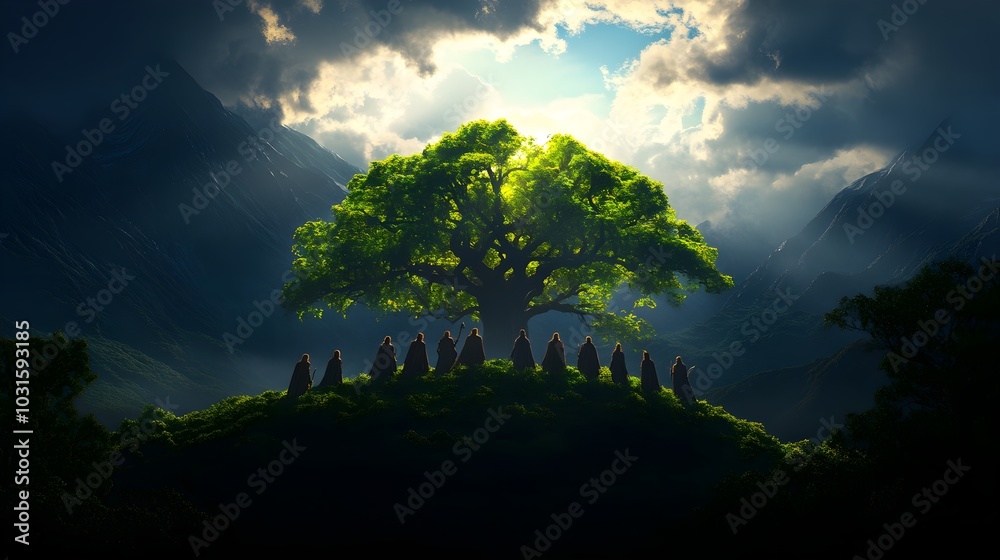 Fototapeta premium Norse gods in a circle, their capes flowing in the wind, overlooking the world from a towering mountain, with the cosmic tree Yggdrasil faintly visible in the distant sky