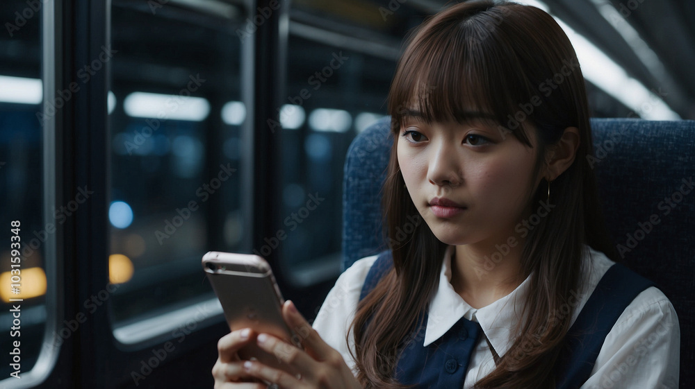電車の中でスマートフォンを見る制服を着た女子高生の横顔