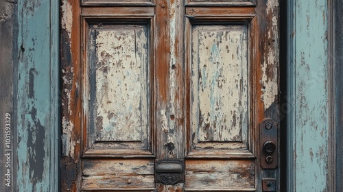 Close-up of a weathered wooden door with peeling paint and a rusty door handle.