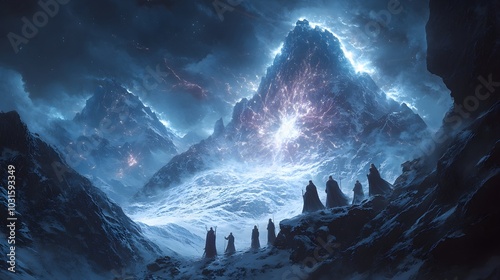 Odin, Thor, and other Norse gods gathered in a circle atop a snow-covered mountain, mythical energy crackling in the air as they debate the world's future