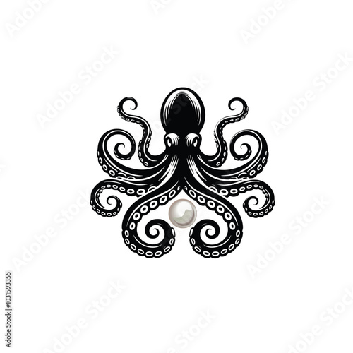 Black and white vector logo of an octopus tentacle wrapped around a pearl, with simple shapes, flat design, bold lines, and a symmetrical composition on a white background.