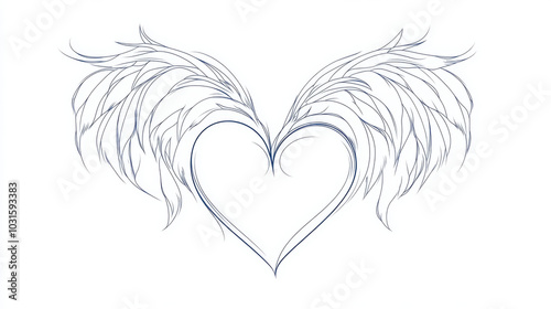 A simple, elegant line drawing of a heart with wings. It represents love, romance, and the idea of two people coming together.continuous single one line art concept. photo