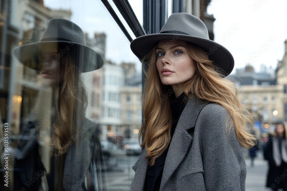 Stylish woman wearing a hat reflecting in a store window on a city street Stylish woman wearing a hat reflecting in a store window on a city street