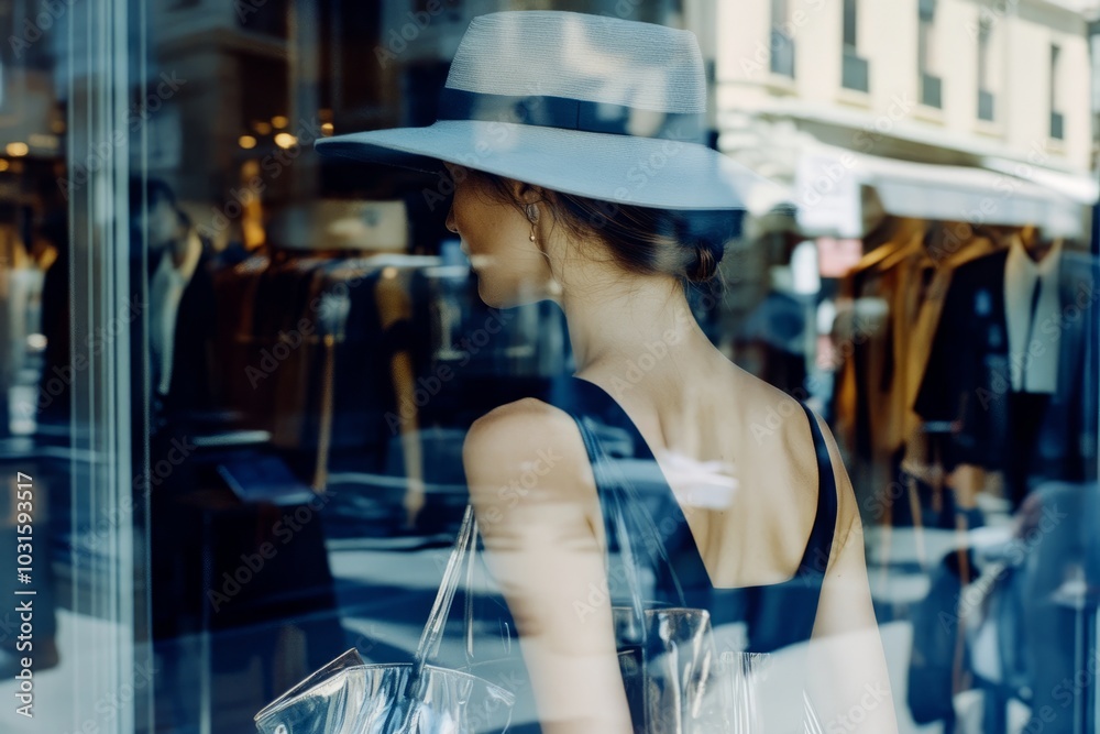 © Gerard - Woman window shopping in a high-end boutique wearing a wide-brimmed © Gerard - Woman window shopping in a high-end boutique wearing a wide-brimmed