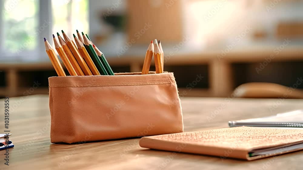 Classroom Essentials. Closeup of a Pencil Case on a School Table, Featuring Educational Supplies for Students in Preschool, Elementary, and Kindergarten