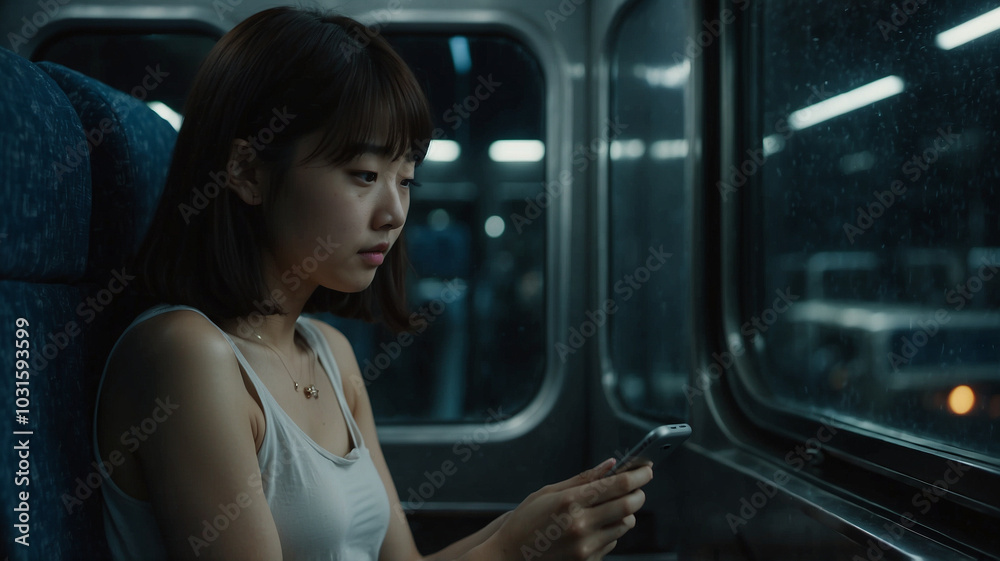 電車の中でスマートフォンを見る若い女性の横顔 電車の中でスマートフォンを見る若い女性の横顔