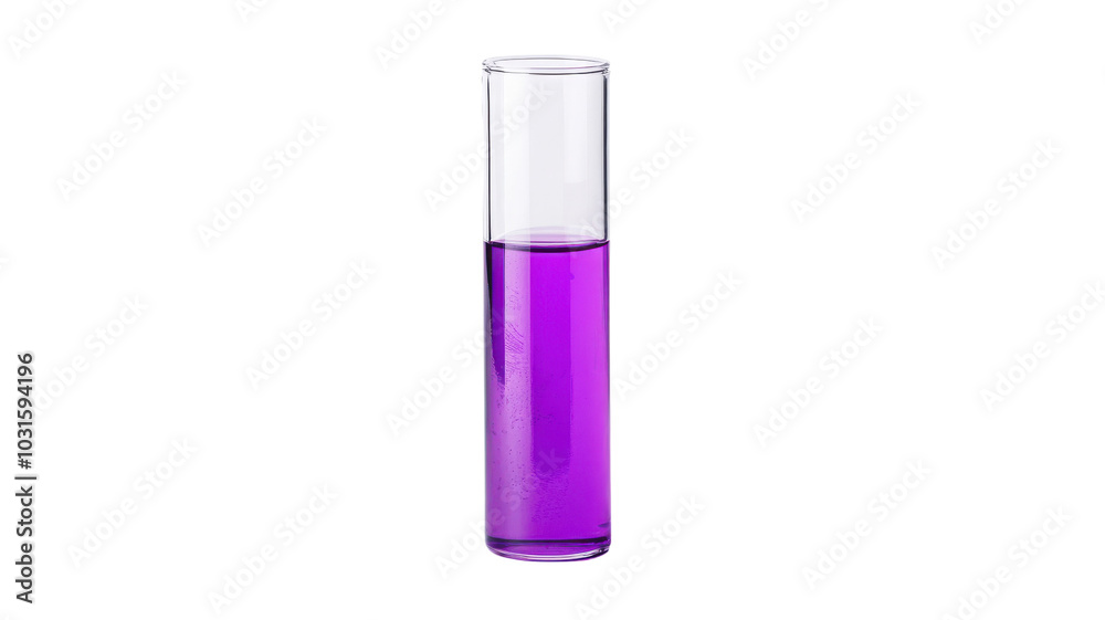 Close-up view of a test tube filled with vibrant purple liquid, perfect for scientific themes and laboratory settings on transparent background. Close-up view of a test tube filled with vibrant purple liquid, perfect for scientific themes and laboratory settings on transparent background.