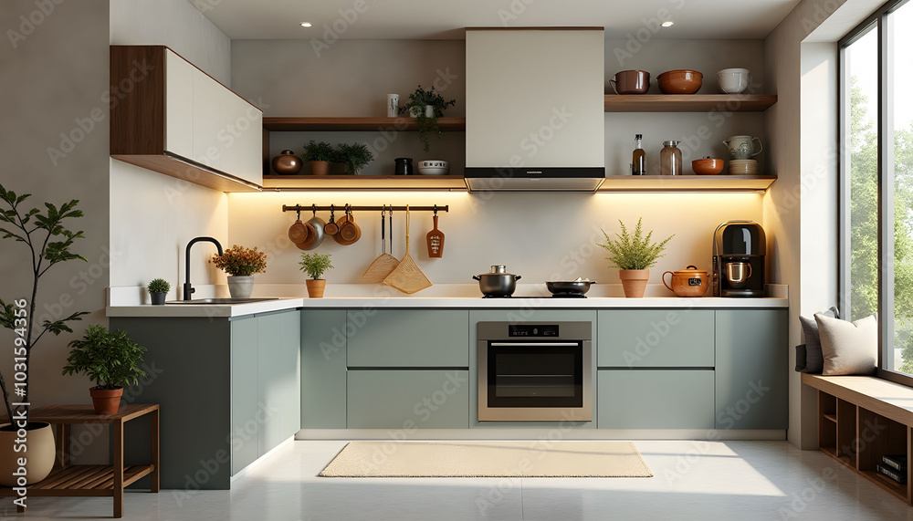 Modern Minimalist Kitchen Interior Design with Green Cabinets Modern Minimalist Kitchen Interior Design with Green Cabinets