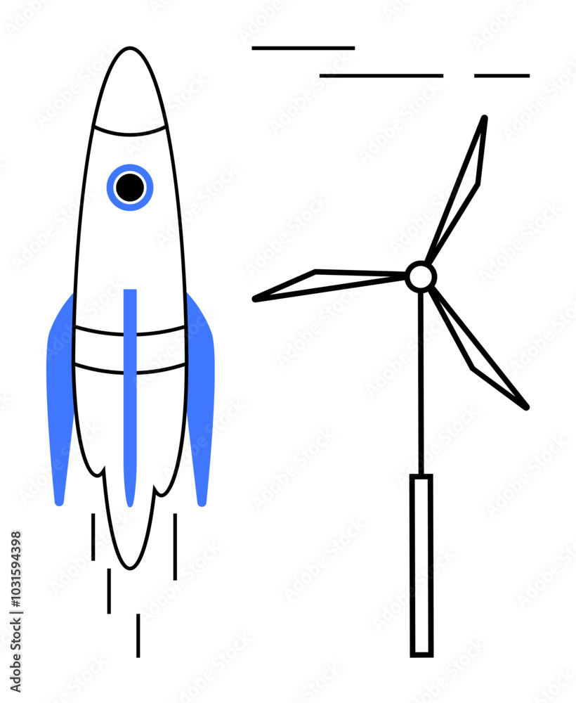 A simple drawing of a rocket launching alongside a wind turbine. Ideal for technology, space exploration, renewable energy, innovation, and sustainability themes. Minimalist vector art A simple drawing of a rocket launching alongside a wind turbine. Ideal for technology, space exploration, renewable energy, innovation, and sustainability themes. Minimalist vector art