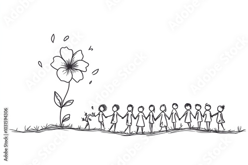 手をつなぐ人々と大きな花のイラスト、平和、優しさのシンボル