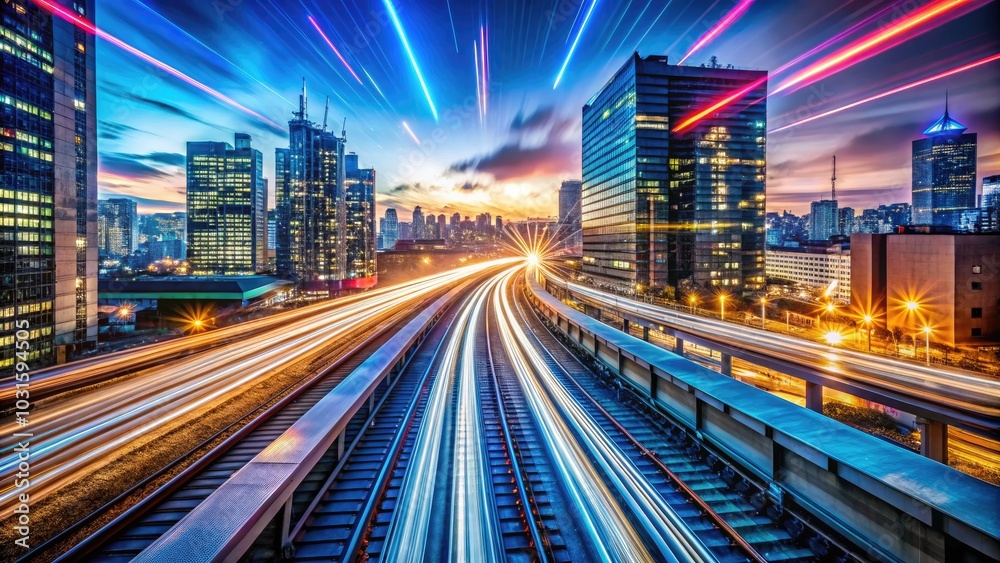 Dynamic Long Exposure of Tokyo Cityscape with Speed Lights, Rail Track, and Luminous Comet Trails for Stunning Motion Backgrounds