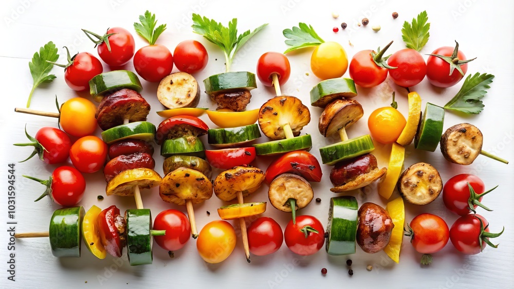 Fototapeta premium Grilled Vegetable Skewers: Colorful Assortment of Bell Peppers, Zucchini, and Mushrooms on White Background for Healthy Eating and Culinary Inspiration