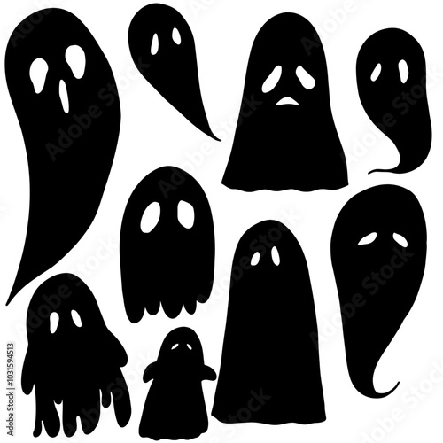 Set of isolated Halloween season elements in doodle hand drawn style on a transparent background : Spooky Ghostly Silhouettes