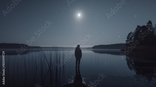 Serene Night Landscape with Silhouette by the Lake