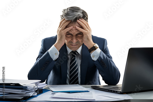 A middle-aged man in a business suit sitting at a desk, with his head in his hands, showing visible signs of stress like furrowed brows and clenched fists.