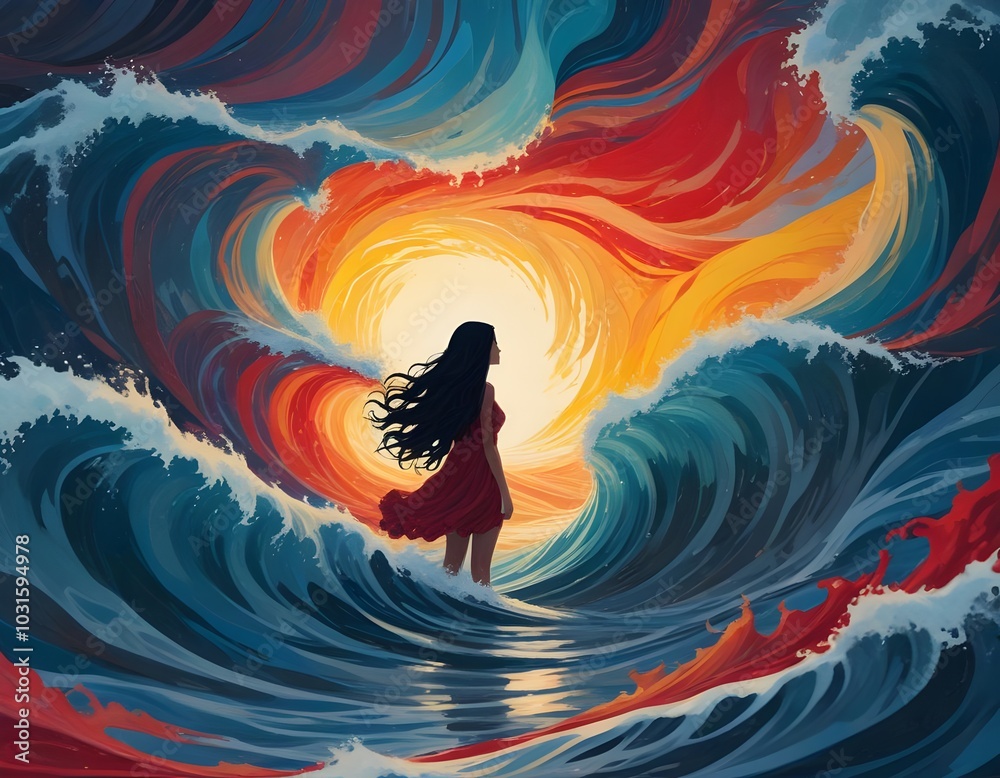 Obraz premium Vibrant Abstract Figure Amidst Swirling Waves Depicting Emotional Highs and Lows of Mental Health